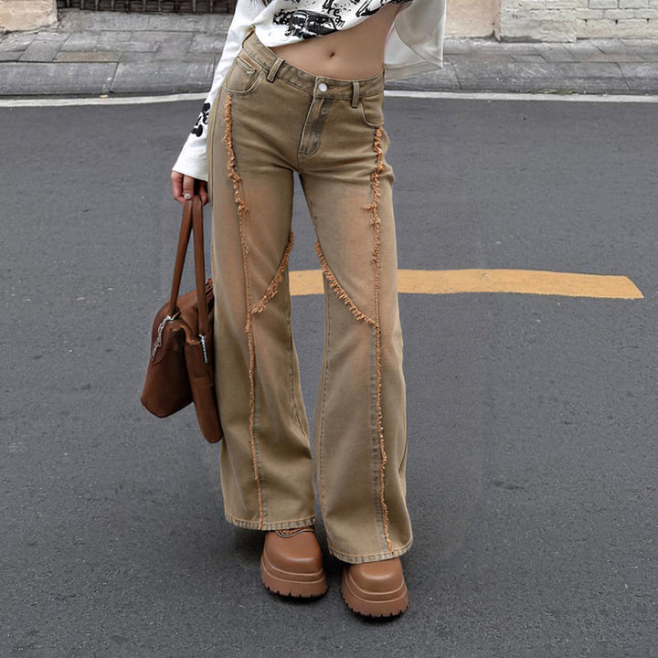 Damen lässige Wide-Leg-Jeans mit franselementen und hohem Bund Drune