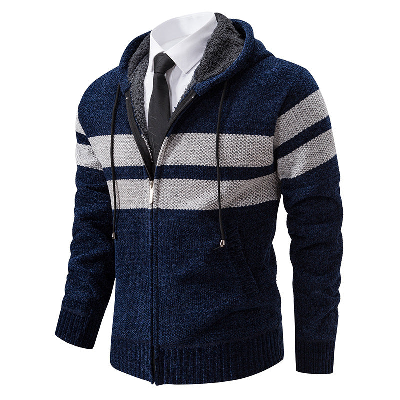 Herren nan gestrickte Kapuzenjacke mit Teddyfutter, verdecktem Reißverschluss und kontrastreifen Drune