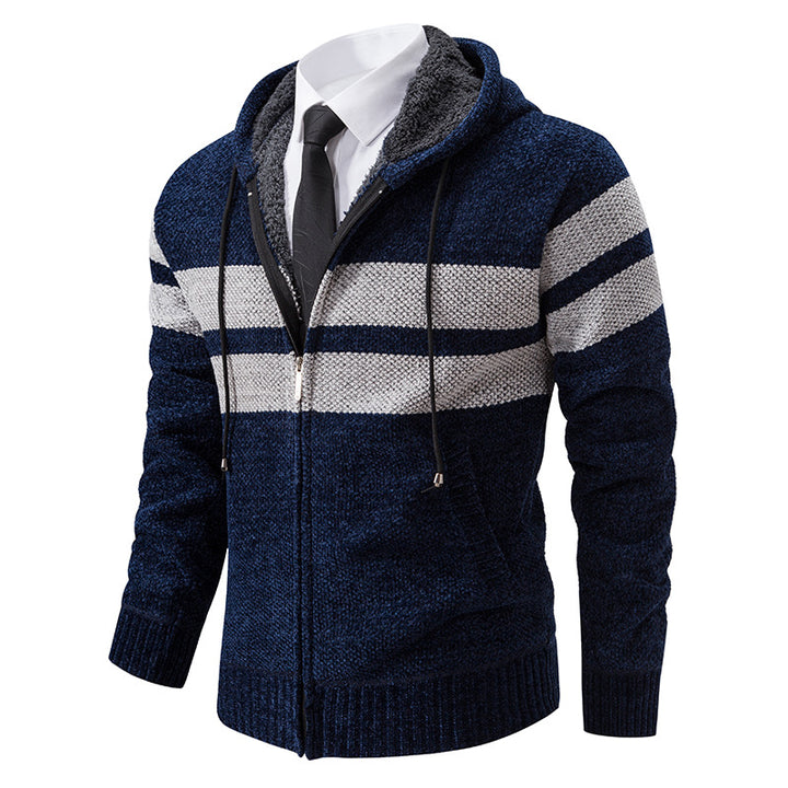 Herren nan gestrickte Kapuzenjacke mit Teddyfutter, verdecktem Reißverschluss und kontrastreifen Drune