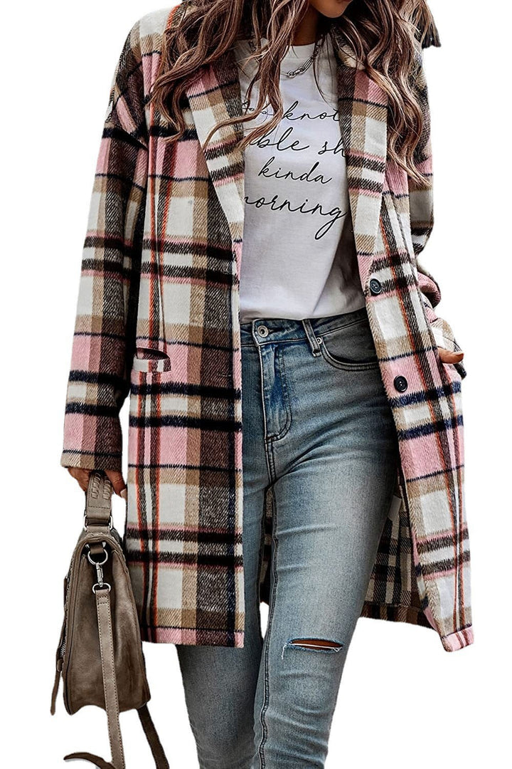 Damen Karierter Oversized-Mantel mit stilvollen Taschen und Umschlagkragen Drune