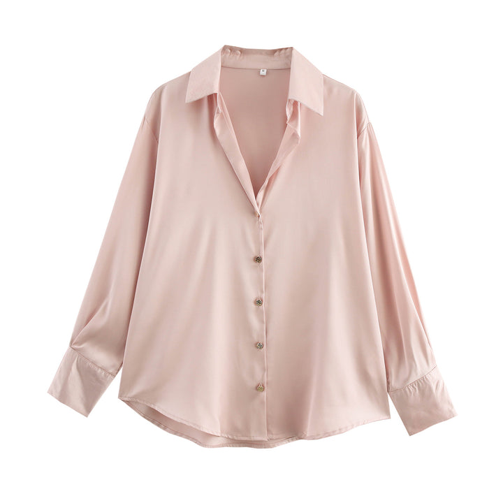 Damen nan oversized Satinbluse mit Hemdkragen, verlängerten Manschetten und abgerundetem Saum Drune