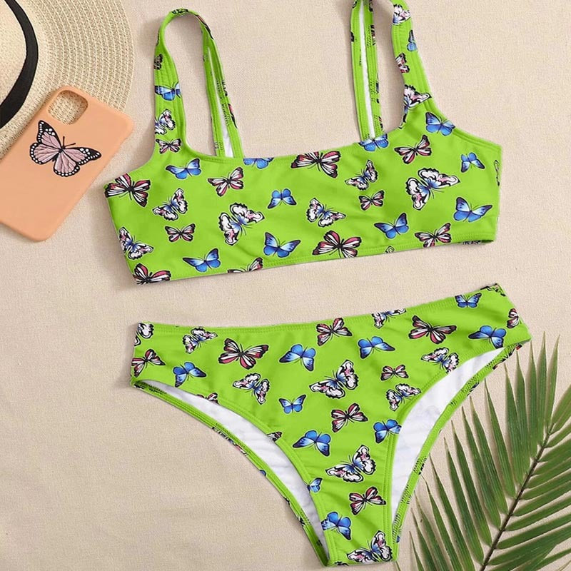 Damen Crop-Bikini-Set mit buntem Schmetterlingsdruck Drune