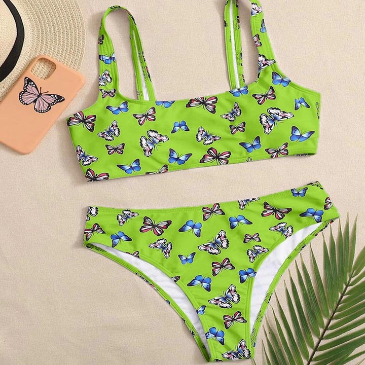 Damen Crop-Bikini-Set mit buntem Schmetterlingsdruck Drune