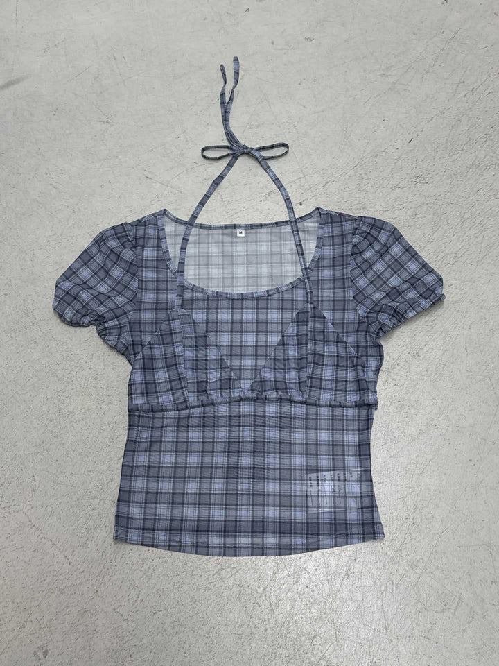 Damen Kurzarm-Bluse mit schickem Karomuster und verspielt gebundenen Trägern Drune