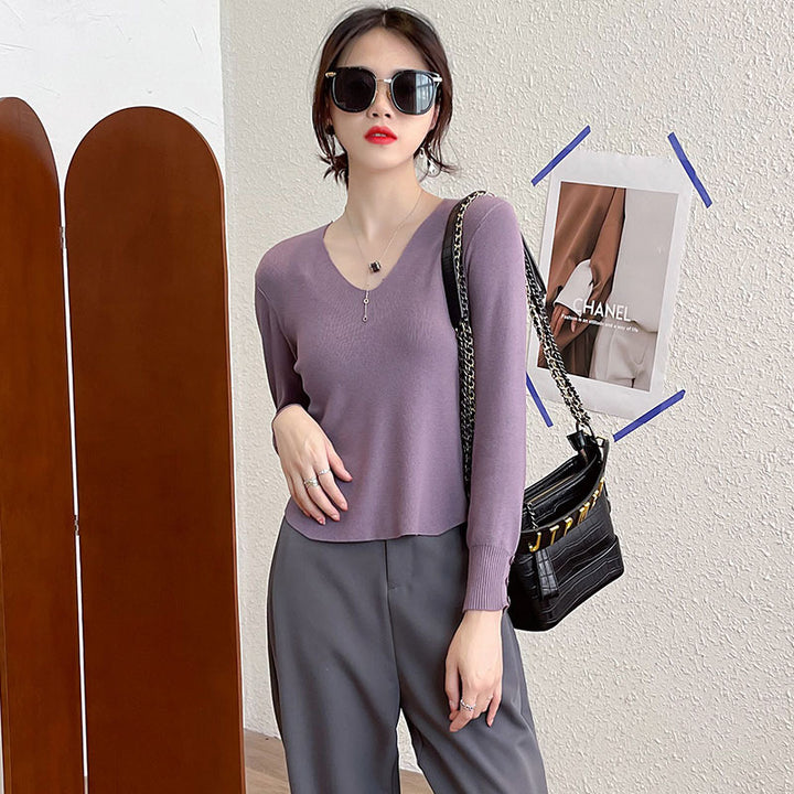 Damen elegantes Strickoberteil mit V-Ausschnitt und Rippstruktur Drune