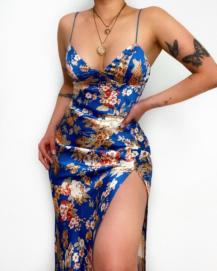 Damen Maxikleid mit tiefem V-Ausschnitt und elegantem Schlitz Drune