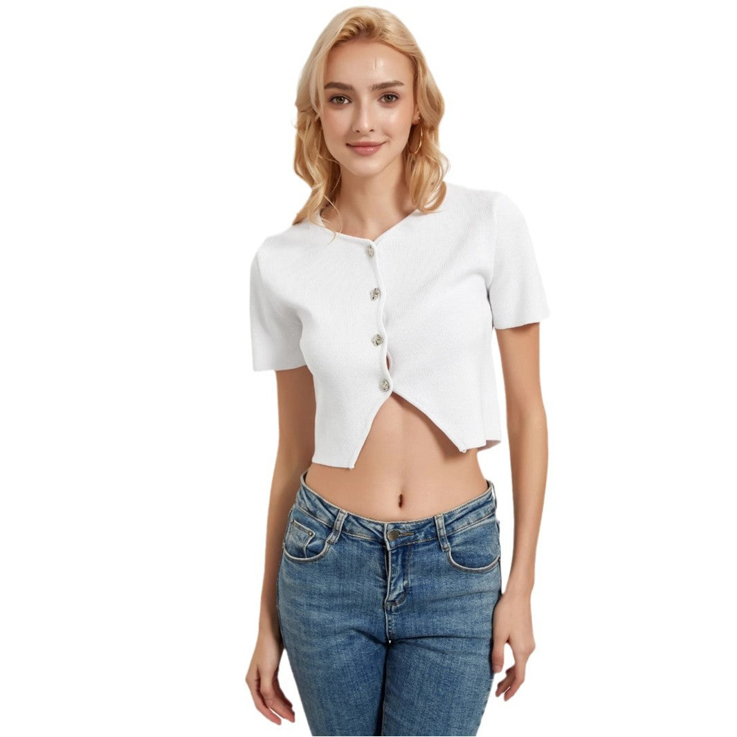 Damen Kurzarm Bluse mit dekorativen Knopfdetails Drune