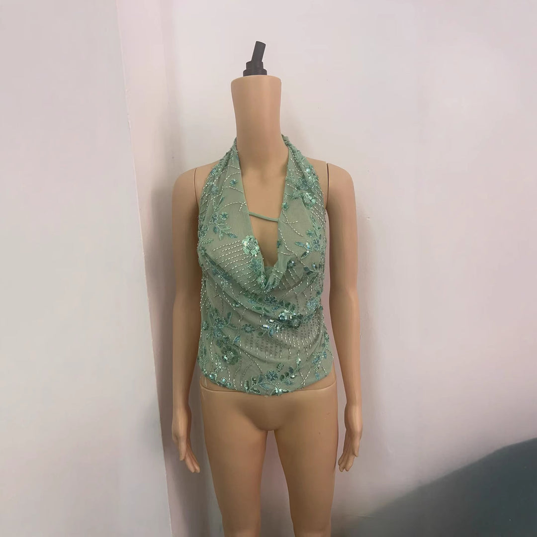 Damen Glitzerndes Spaghetti-Trägeroberteil mit floralen Applikationen und tiefem Ausschnitt Drune