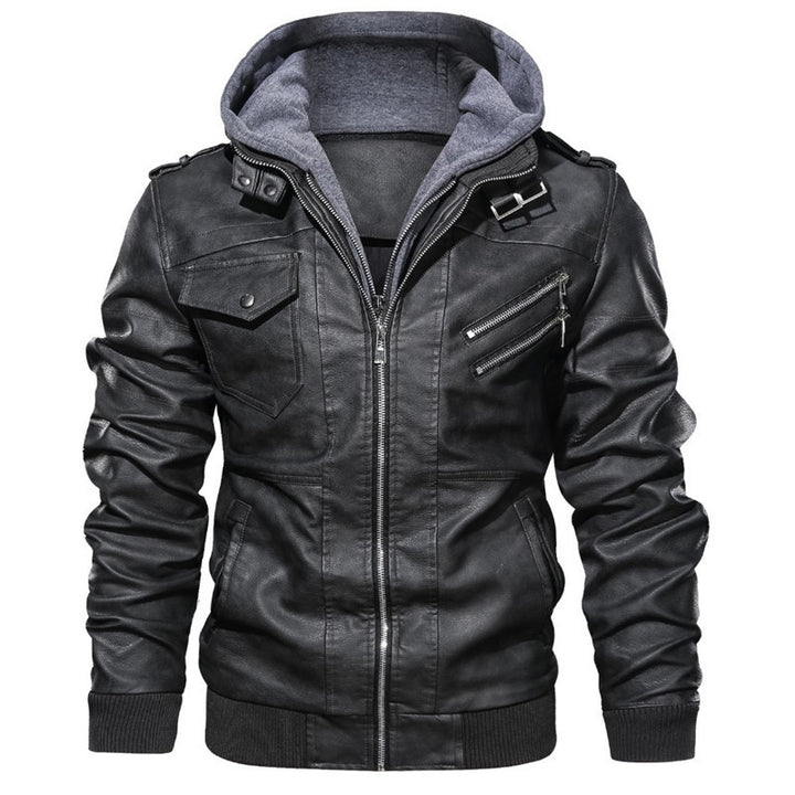Herren Kunstlederjacke mit abnehmbarer Kapuze und stylischen Taschen Drune