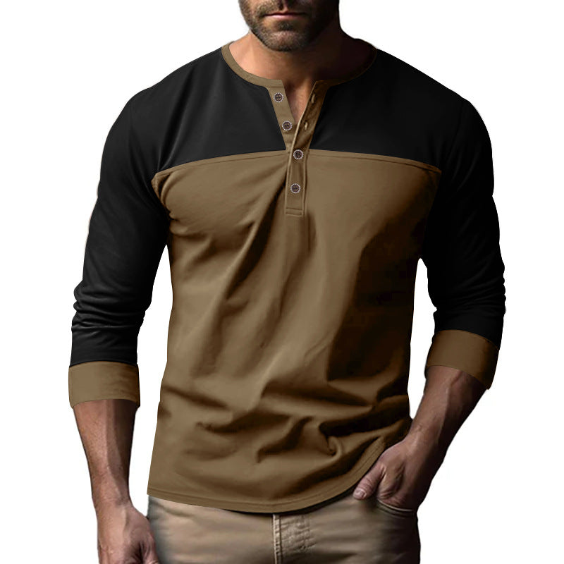 Herren nan modernes Henley-Longsleeve mit Riegelknopfleiste, zweifarbigen Kontrast-Einsatz und gerippten Bündchen Drune