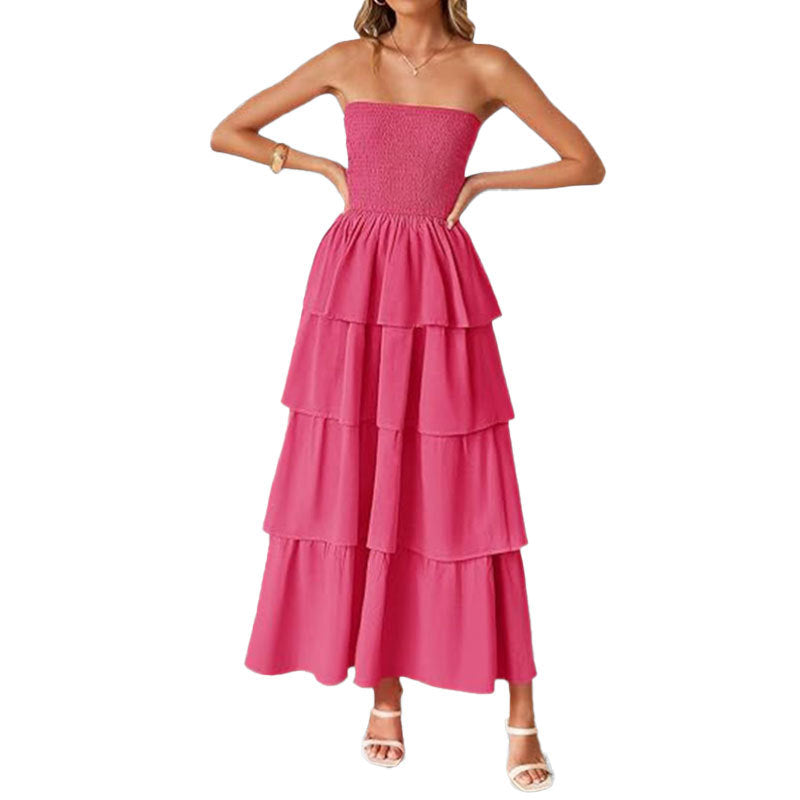 Damen Langes Rüschenkleid mit schulterfreiem Design und elastischem Oberteil Drune
