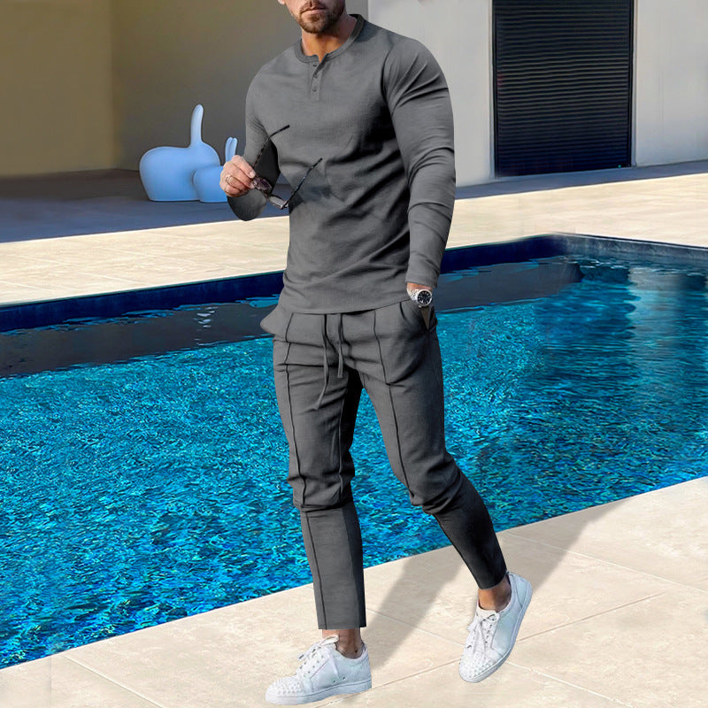 Herren nan athletisches Henley-Langarmshirt und schmal zulaufende Jogginghose mit Ziernähten Drune