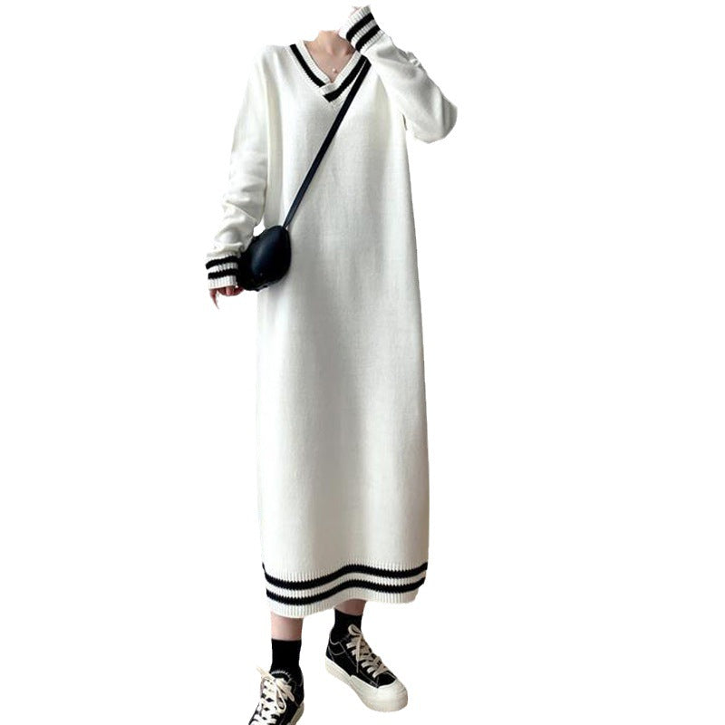 Damen Elegantes Strickkleid mit V-Ausschnitt und kontrastierenden Bündchen Drune