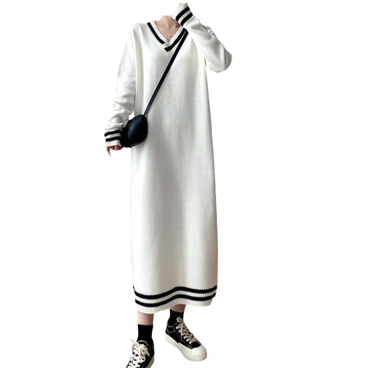 Damen Elegantes Strickkleid mit V-Ausschnitt und kontrastierenden Bündchen Drune