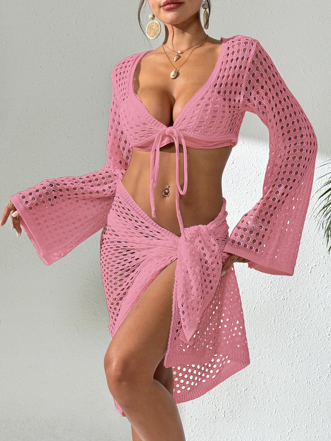 Damen gehäkelter Strandüberwurf mit eleganten Schlagärmel Drune