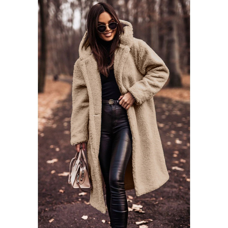Damen kuscheliger Fleece-Mantel mit Kapuze und praktischen Taschen Drune