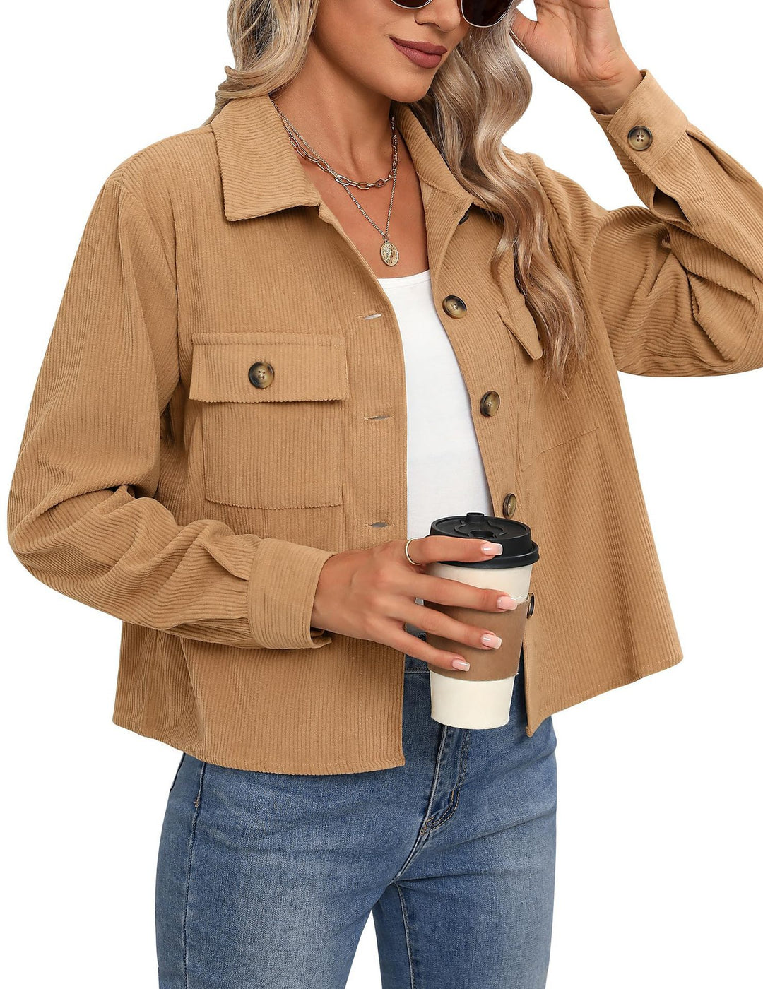 Damen lässige Utility-Jacke mit Knopfverschluss und praktischen Brusttaschen Drune