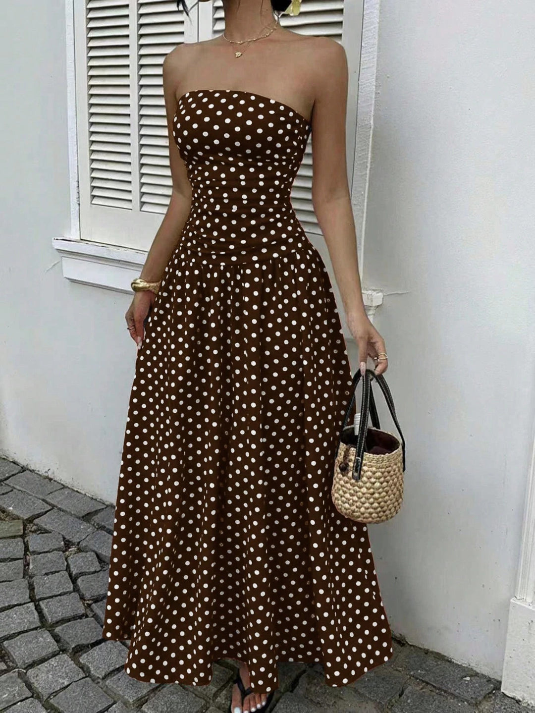 Damen Maxikleid mit trägerlosem Design und Punktmuster Drune