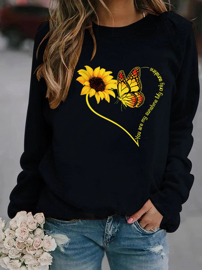 Damen Sweatshirt mit grafischem Schmetterlings- und Sonnenblumenmotiv Drune