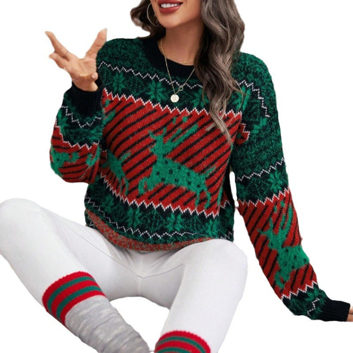 Damen festlicher Weihnachts-Strickpullover mit Raubtier-Muster und lässigem Schnitt Drune