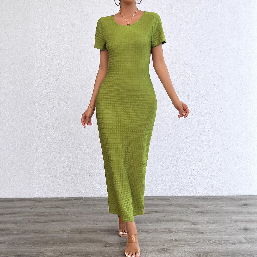 Damen Rippstrick Maxikleid mit figurbetonendem Schnitt und kurzem Ärmel Drune