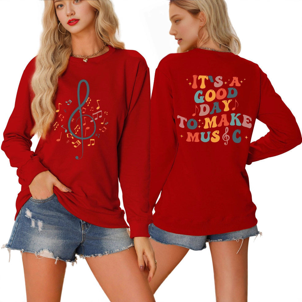 Damen Sweatshirt mit musikalischem Motiv und kreativem Schriftzug Drune
