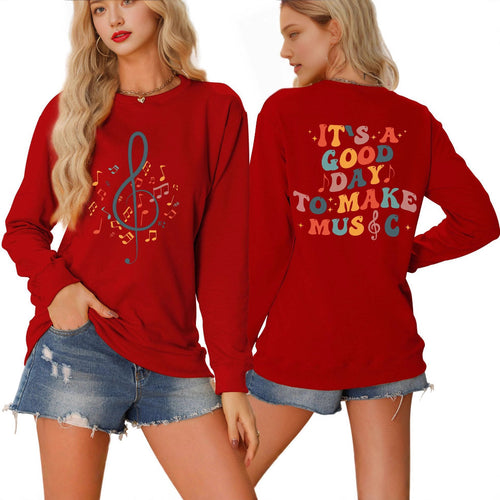 Damen Sweatshirt mit musikalischem Motiv und kreativem Schriftzug Drune