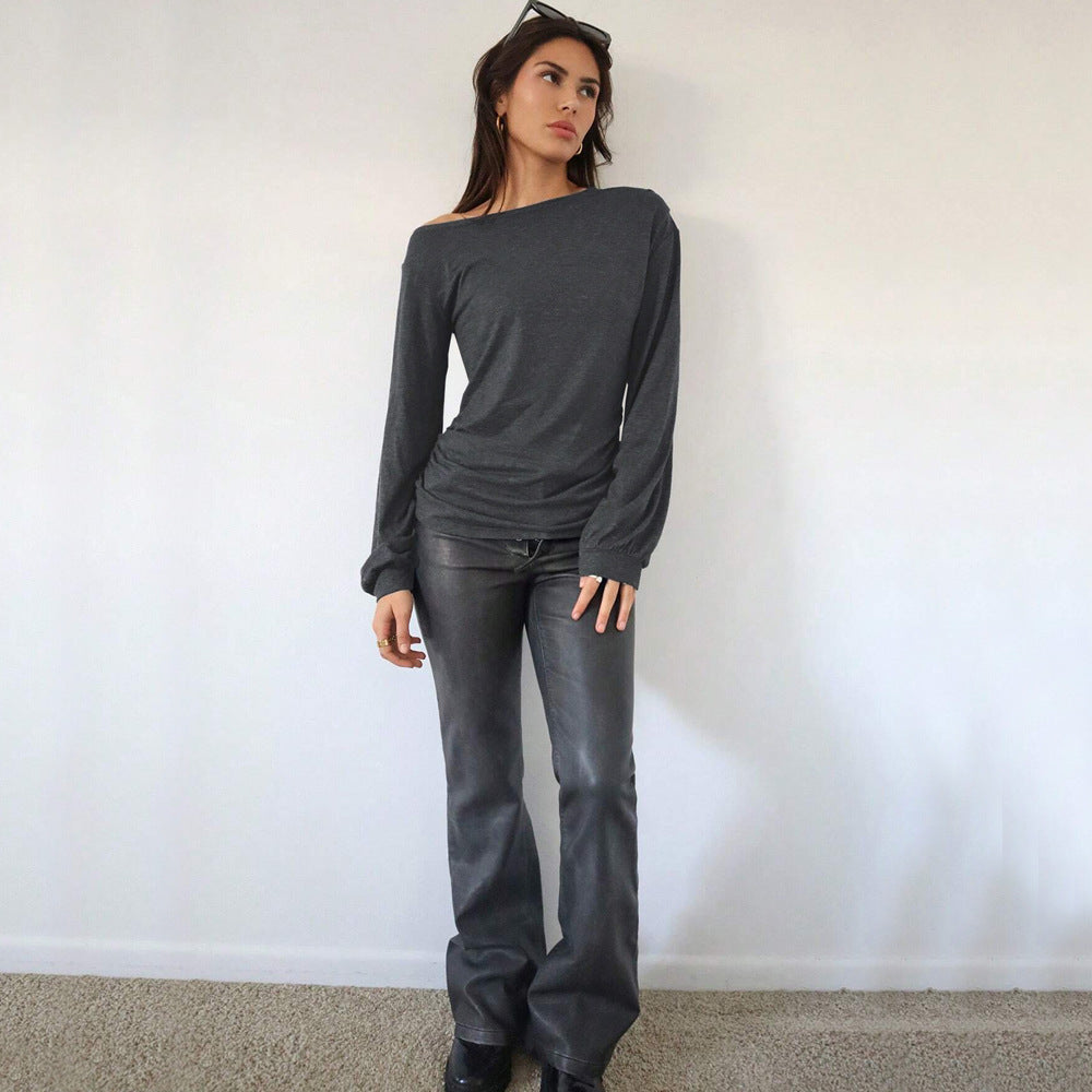 Damen lässiges Off-Shoulder Langarmshirt mit eleganten Rüschendetails Drune
