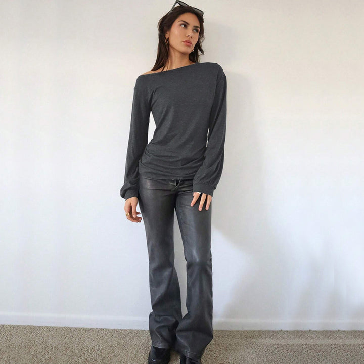 Damen lässiges Off-Shoulder Langarmshirt mit eleganten Rüschendetails Drune