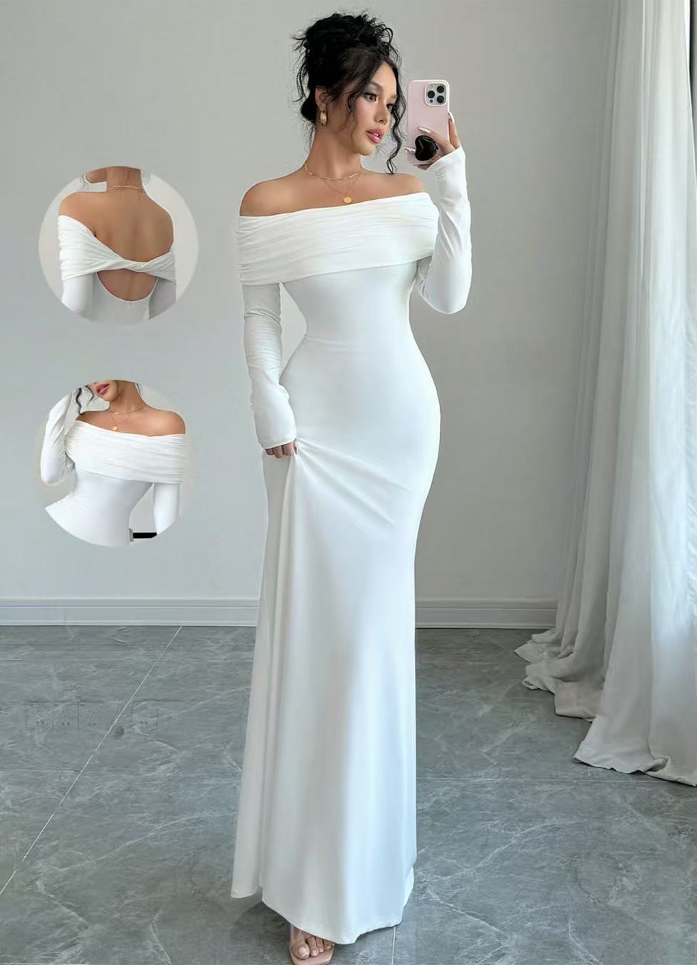 Damen Elegantes Off-Shoulder-Maxikleid mit figurbetontem Schnitt und langen Ärmeln Drune