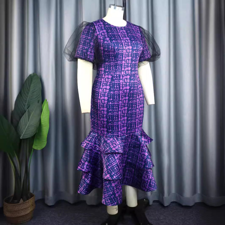 Damen elegantes Abendkleid mit voluminösen Rüschenärmeln und strukturiertem Rock Drune