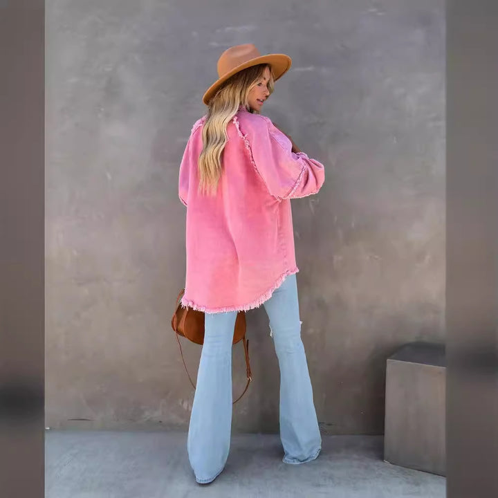 Damen übergroße Denim-Hemdenjacke mit fransigen Details Drune