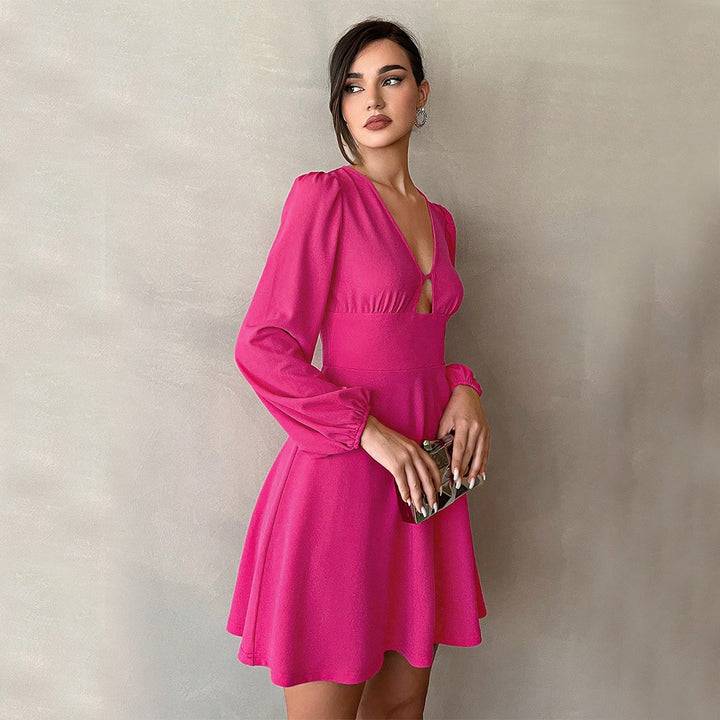 Damen Minikleid mit tiefem V-Ausschnitt und eleganten Puffärmeln Drune