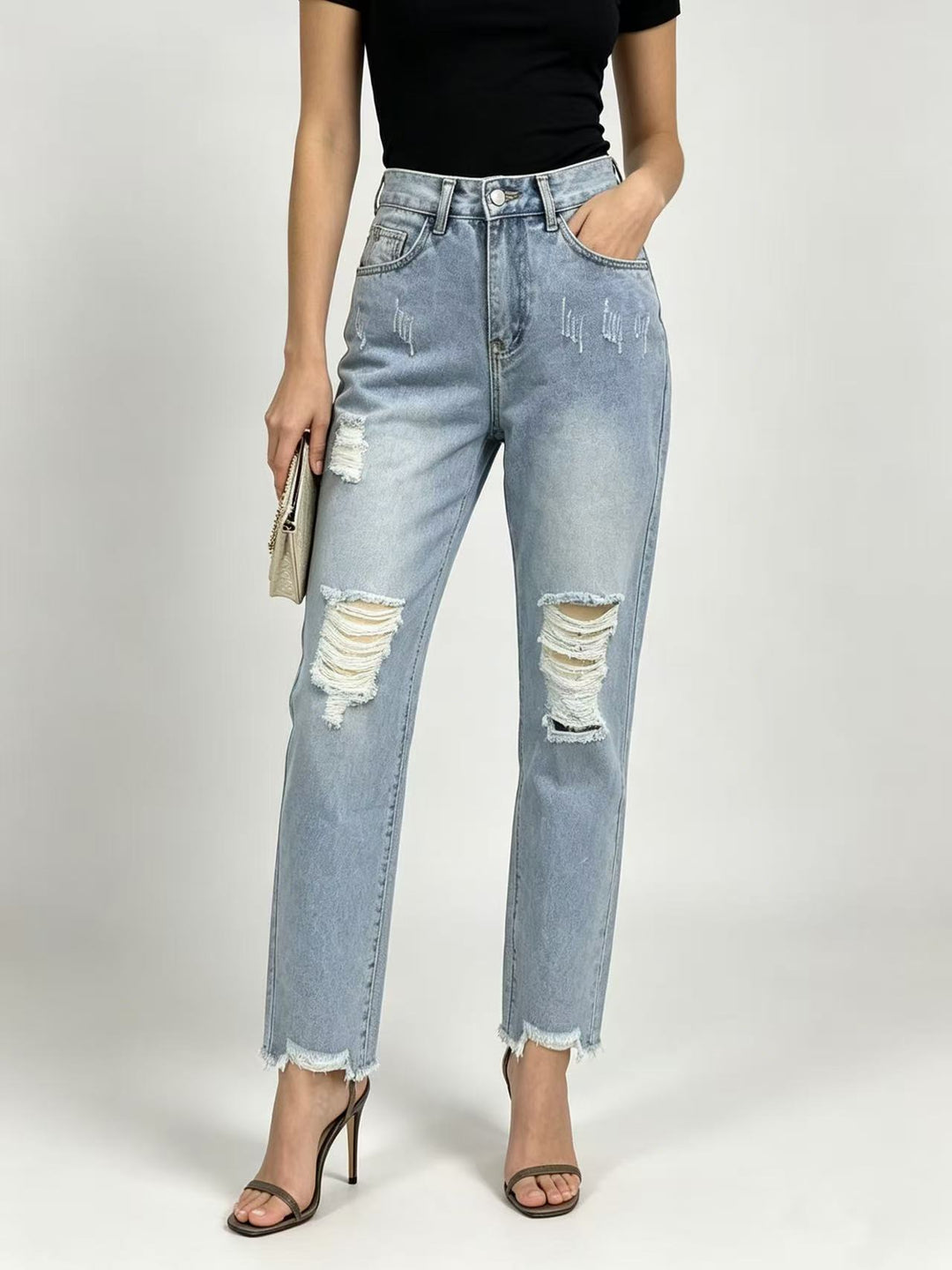 Damen nan hochgeschnittene Straight Leg Jeans mit gezielten Rissdetails und rohem Knöchelabschluss Drune