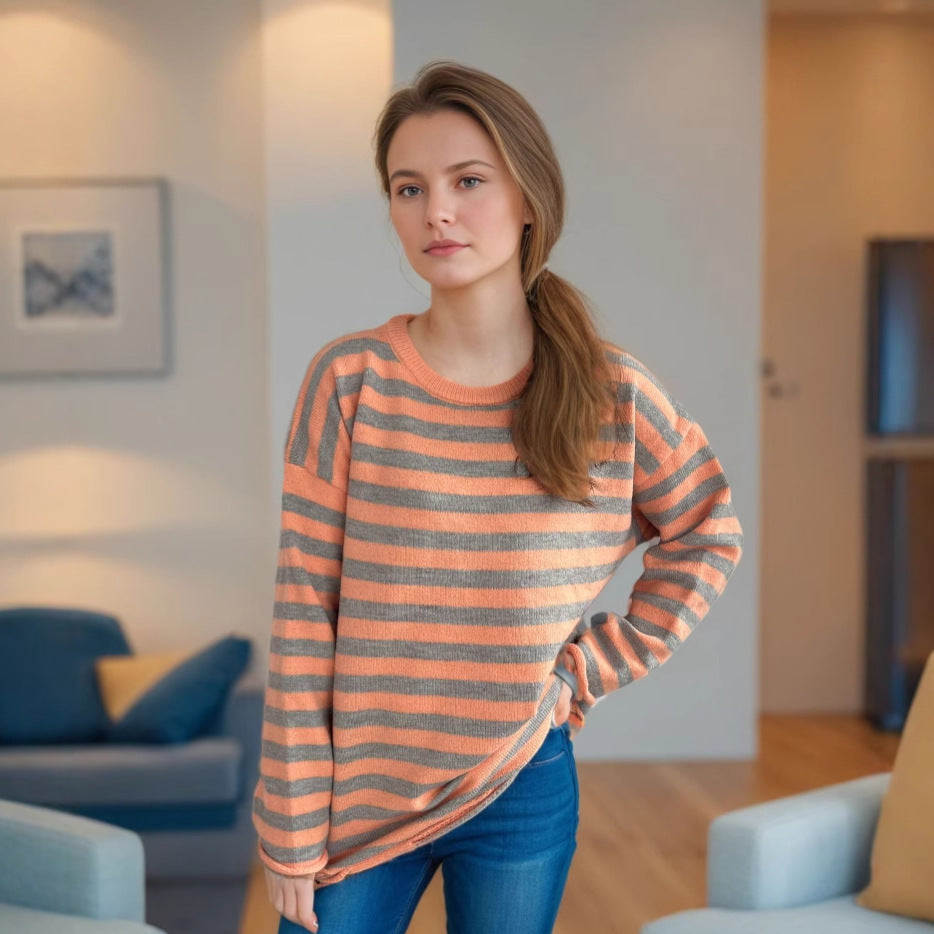 Damen lässiger Oversize-Pullover mit breiten Streifen Drune