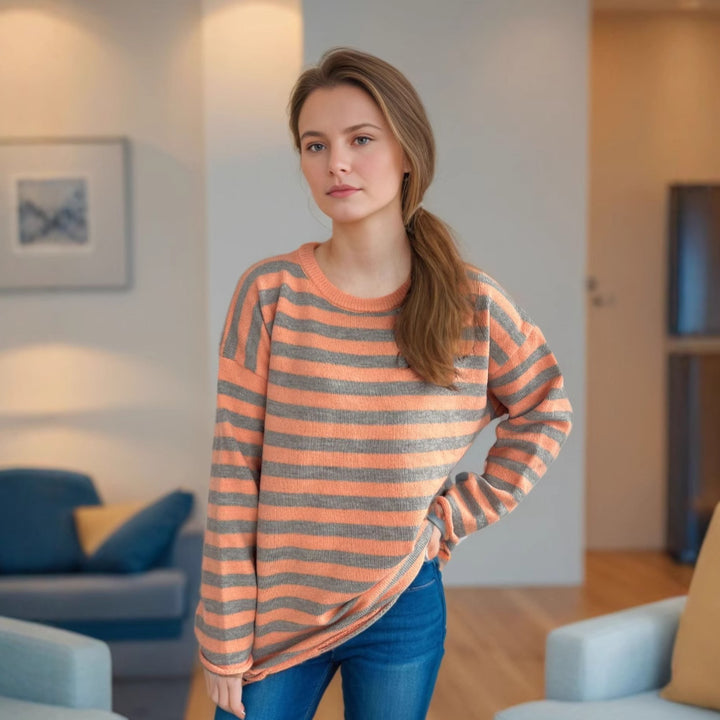 Damen gestrickter Oversized-Pullover mit lässigem Streifenmuster Drune