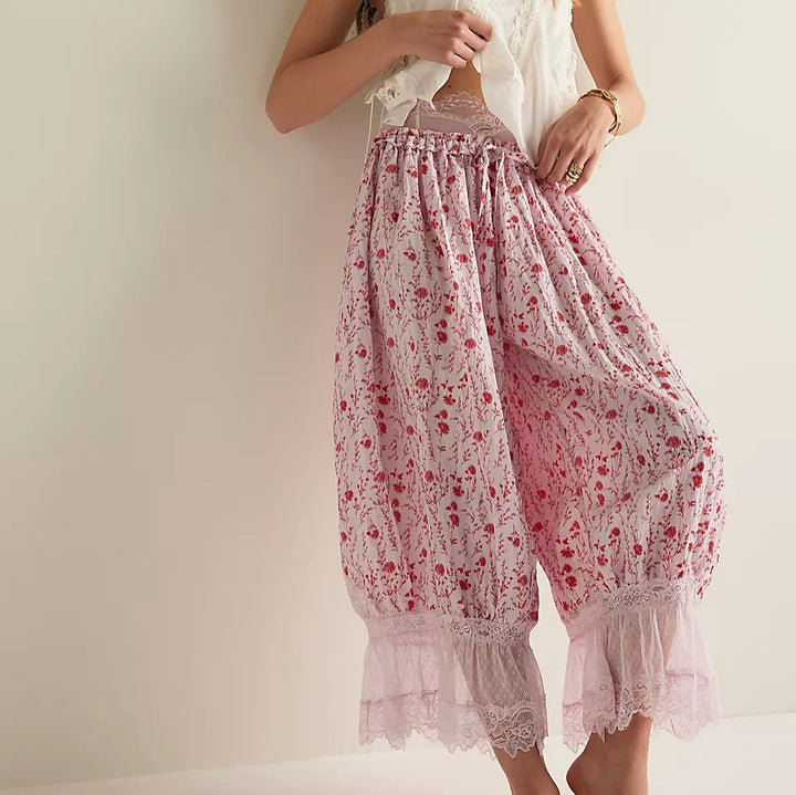 Damen Blumenmuster Hose mit Spitzenabschlüssen Drune