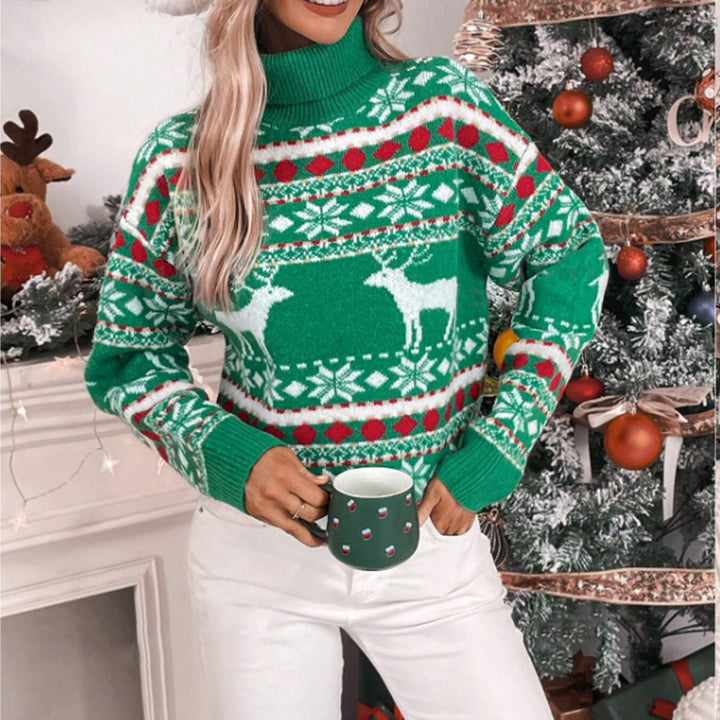 Damen Weihnachtspullover mit hohem Kragen und festlichem Rentier-Motiv Drune