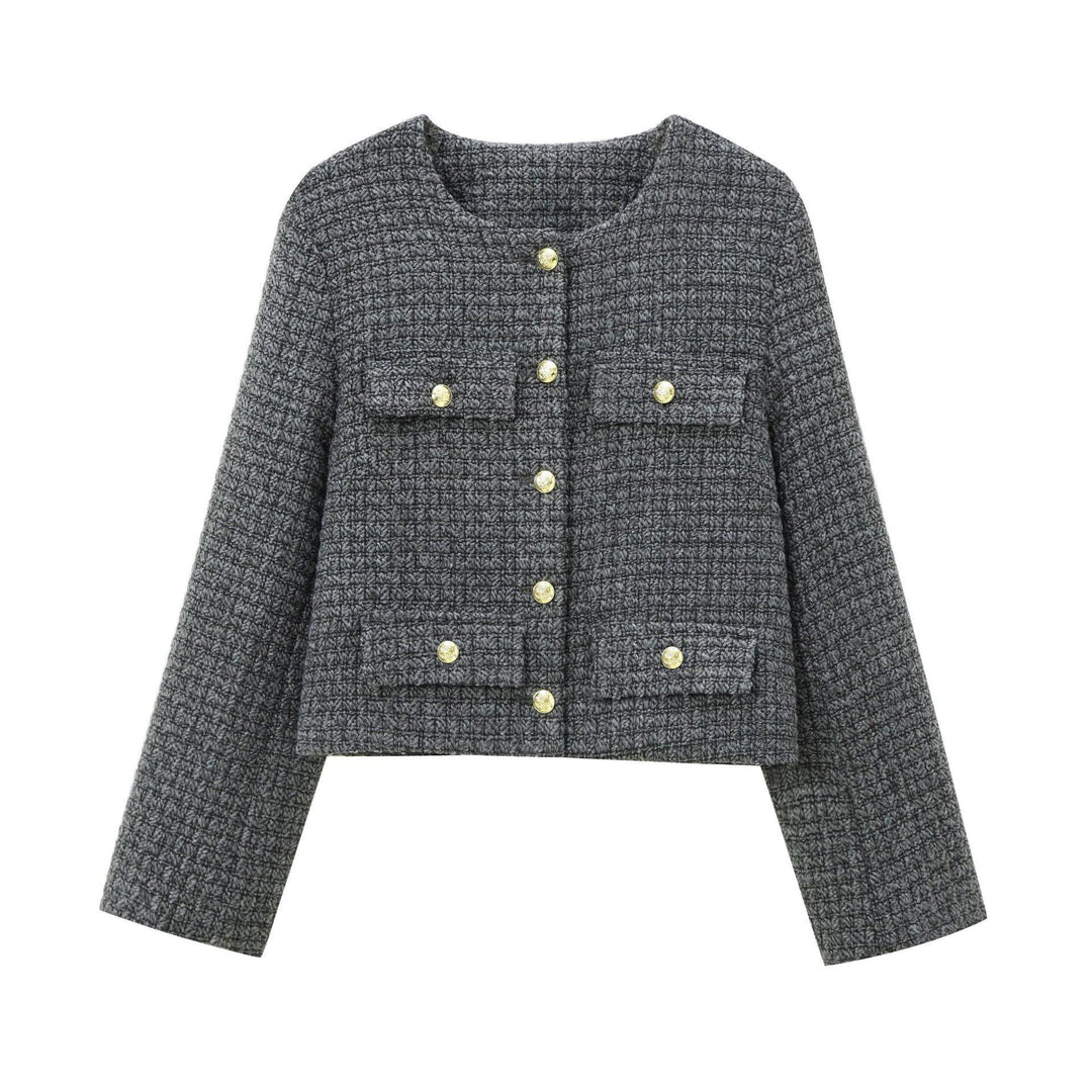 Damen elegante Blazerjacke im strukturierten Tweed-Design mit dekorativen Knopfdetails Drune