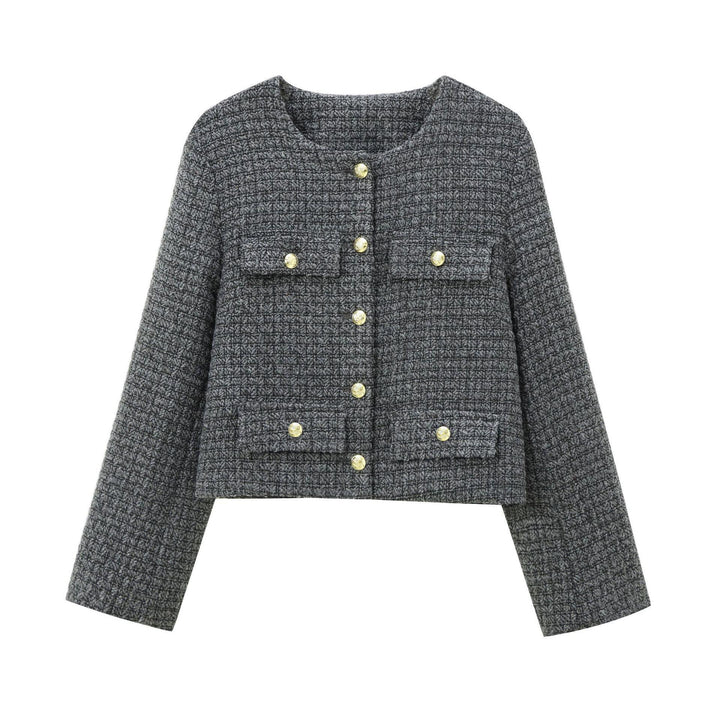Damen elegante Blazerjacke im strukturierten Tweed-Design mit dekorativen Knopfdetails Drune