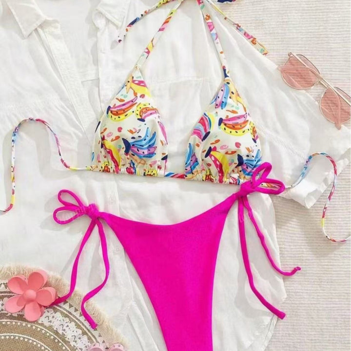 Damen Bikini-Set mit buntem Obstmuster und seitlichem Knoten Drune