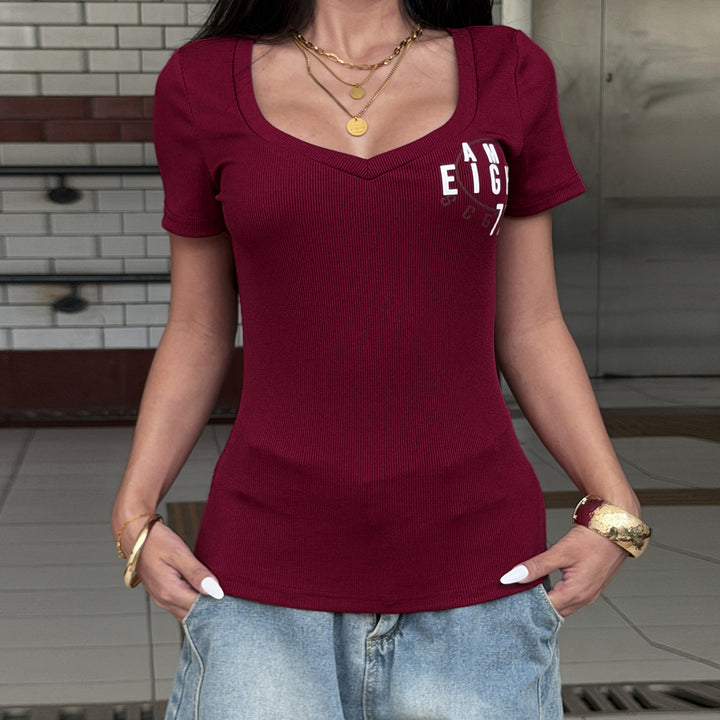 Damen Kurzarmshirt mit V-Ausschnitt und grafischem Print Drune