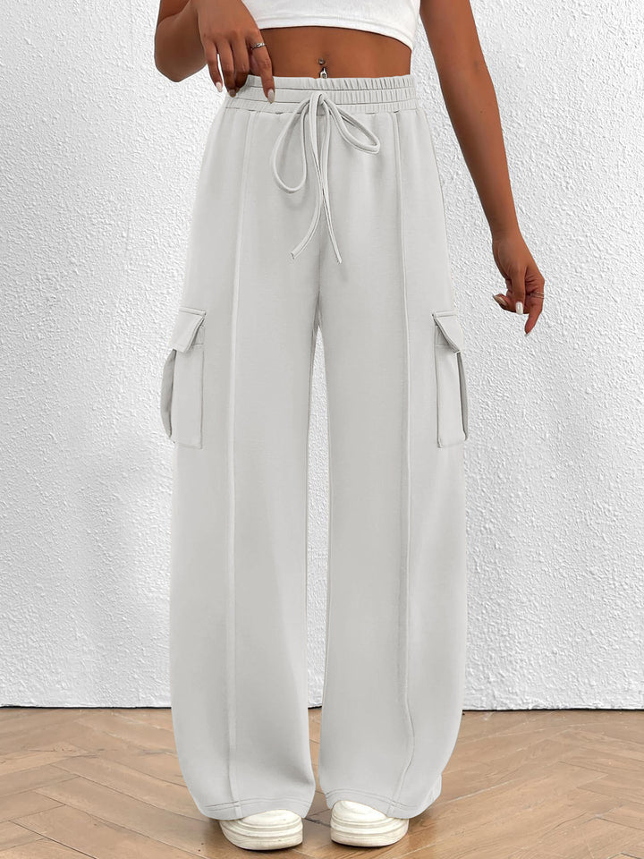 Damen breite Cargo-Hose mit elastischem Taillenbund und praktischen Taschen Drune