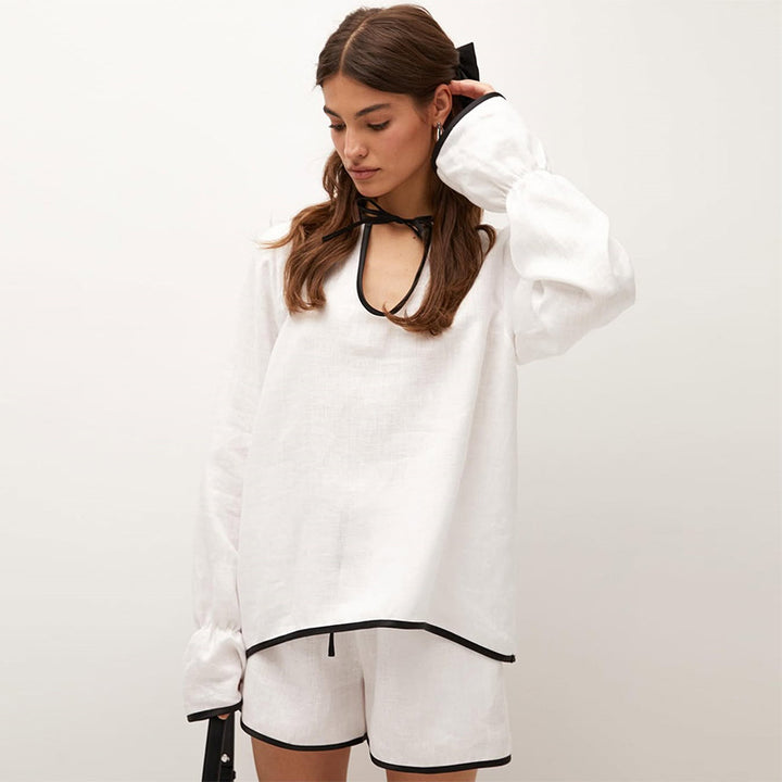 Damen luftiges Leinen-Loungewear-Set mit lockerem Oberteil und Shorts Drune