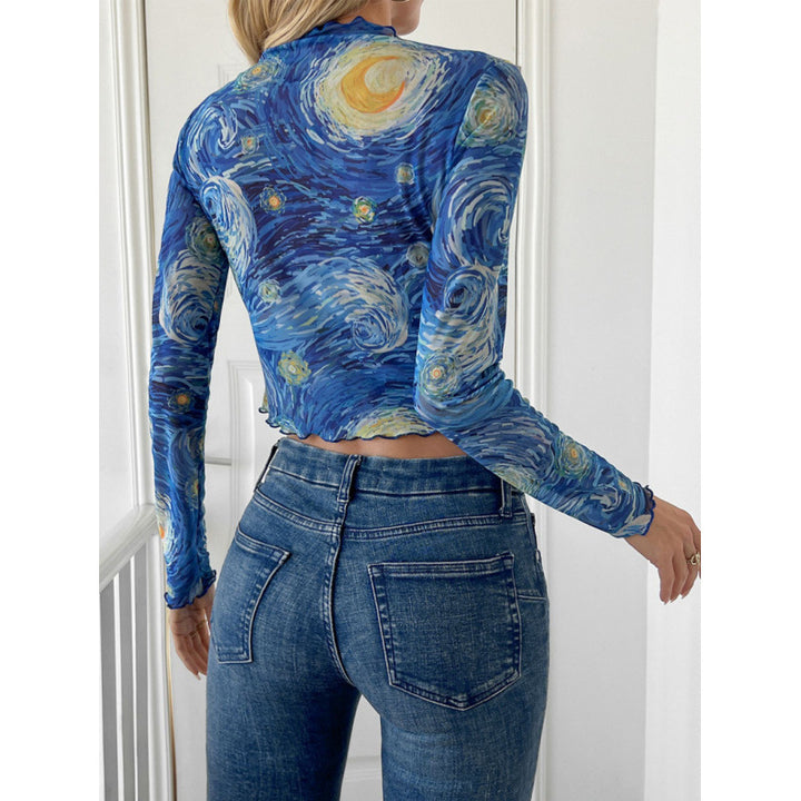 Damen Langarm-T-Shirt mit kunstvollem Druck und geschmackvollem Wellensaum Drune