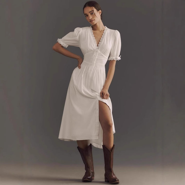 Damen elegantes Midi-Kleid mit Puffärmeln und Knopfleiste Drune