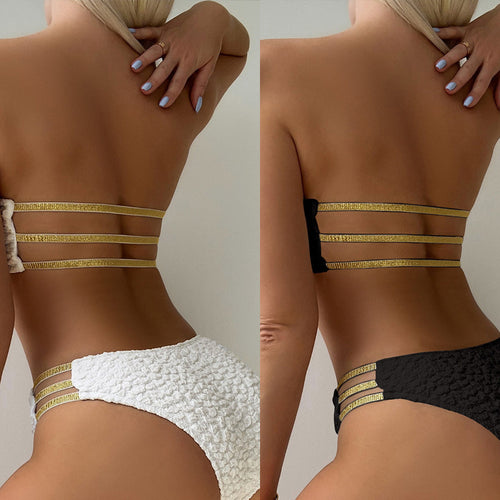 Damen Bandeau-Bikini mit dekorativen Riemen und strukturiertem Oberteil Drune