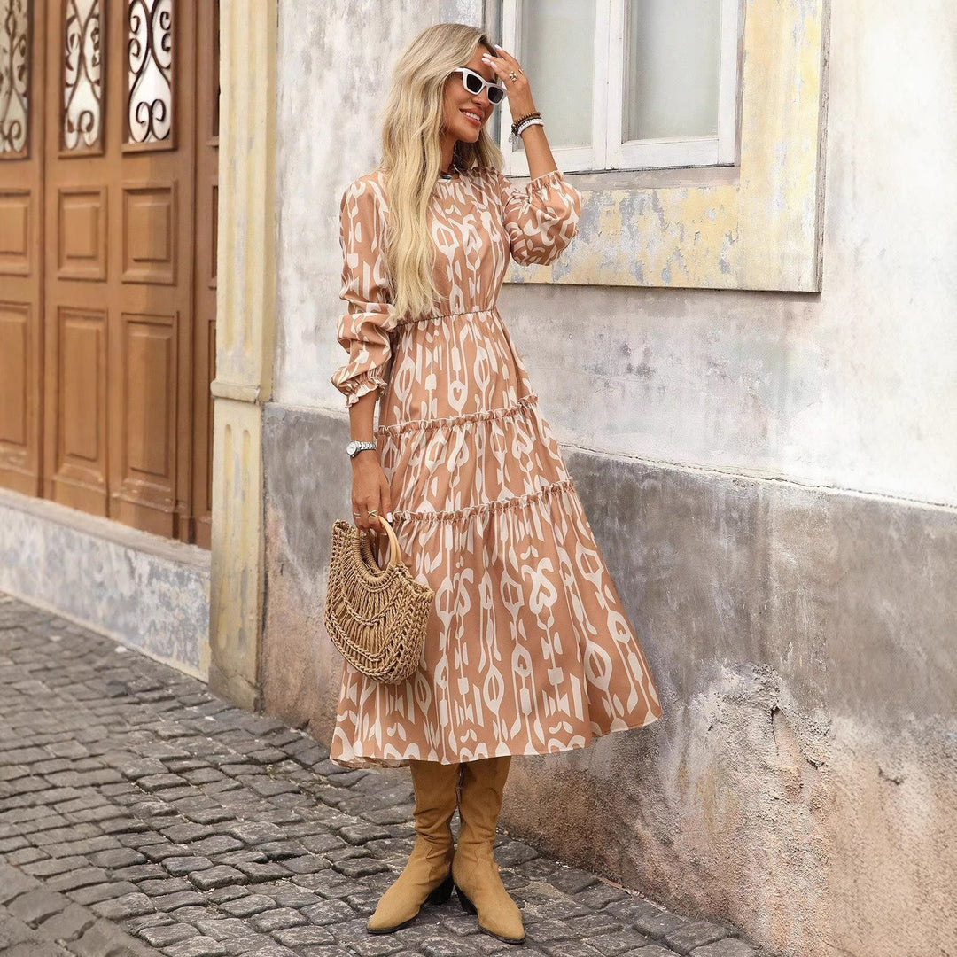 Damen Maxi-Kleid mit voluminösen Ärmeln und feinem Druck Drune
