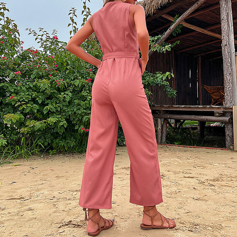 Damen bequemer Jumpsuit mit taillierbarem Gürtel und modischen Knopfdetails Drune