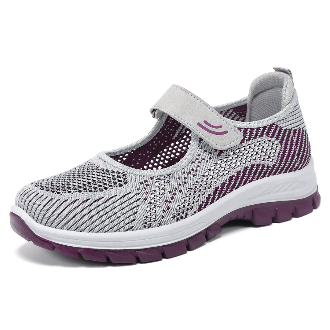 Damen nan atmungsaktive Strick-Mary-Jane-Sneaker mit Klettverschluss, perforiertem Obermaterial und stoßdämpfender EVA-Zwischensohle Drune